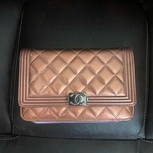 Chanel patent leather pink wallet on chain bag